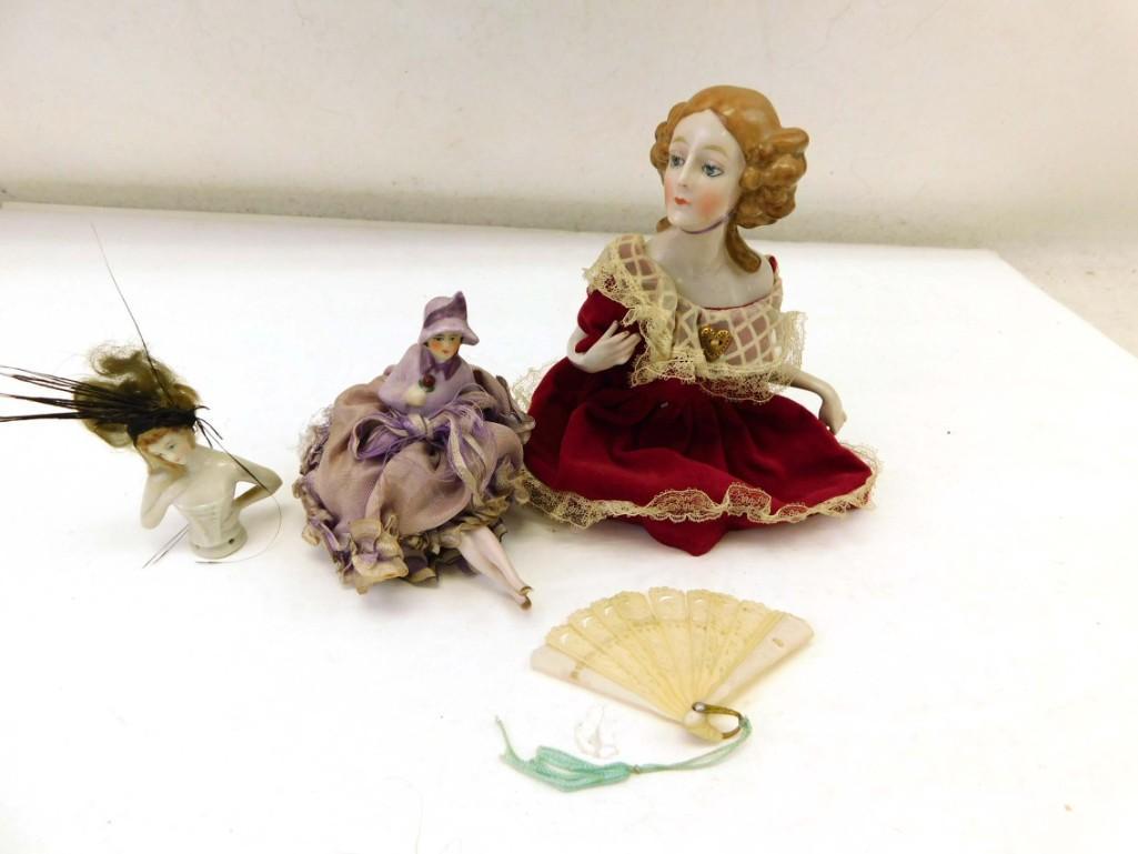 China/Porcelain Half Dolls & Pin Cushion Dolls, 2 Germany Lot: China/Porcelain Half Dolls & Pin Cushion Dolls, 2 Germany Lot . Bisque China & pin cushion dolls/figurines. 2 marked "Germany", largest one marked "Bavaria". Circa 1920s