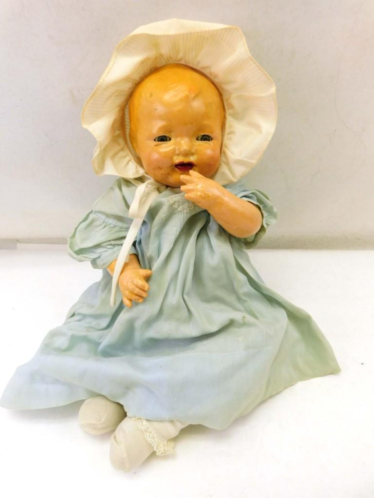 1920s Effanbee 20" Bubbles Compo & Cloth Doll: 1920s Effanbee 20" Bubbles Compo & Cloth Doll . 20", Compo head, arms, cloth, jointed body. Marked, "Effanbee 19 C 24, Made in USA". Tin sleep eyes, open mouth, teeth, molded hair. Compo crazed, r