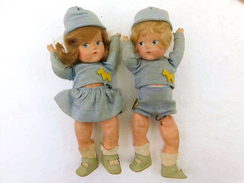 1940s Vogue Pre-Ginny Toodles Twin Boy & Girl Comp 8" dolls-Blue outfits: 1940s Vogue Pre-Ginny Toodles Twin Boy & Girl Comp 8" dolls-Blue outfits . 8" tall, all compo, jointed, loose limbs, some crazing, boy's leg is detached. Painted features, mohair hair, marked, "Vo