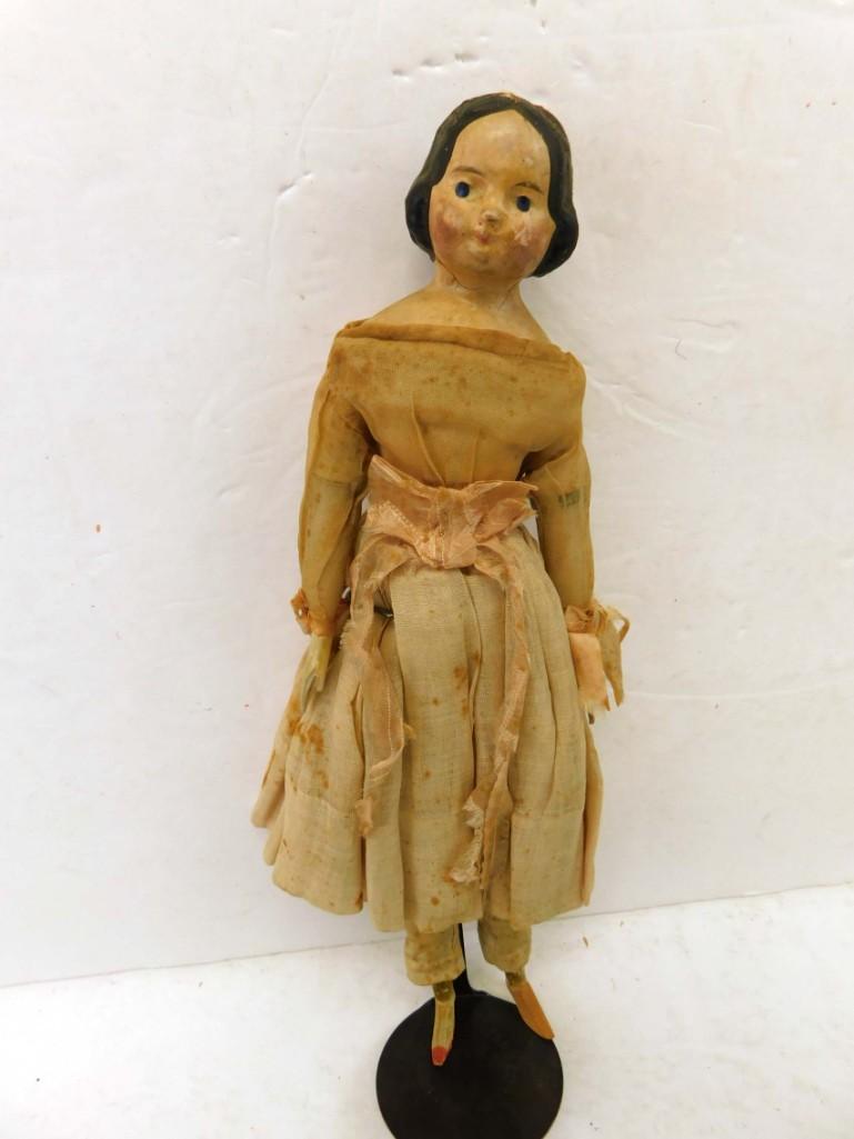 1850s Milliners Model 13.5" doll, All Original: 1850s Milliners Model 13.5" doll, All Original . 13.5", paper mache head, wood limbs, cloth body, original clothes. Damage/cracking to head, possible replaced left foot. Circa early 1800s