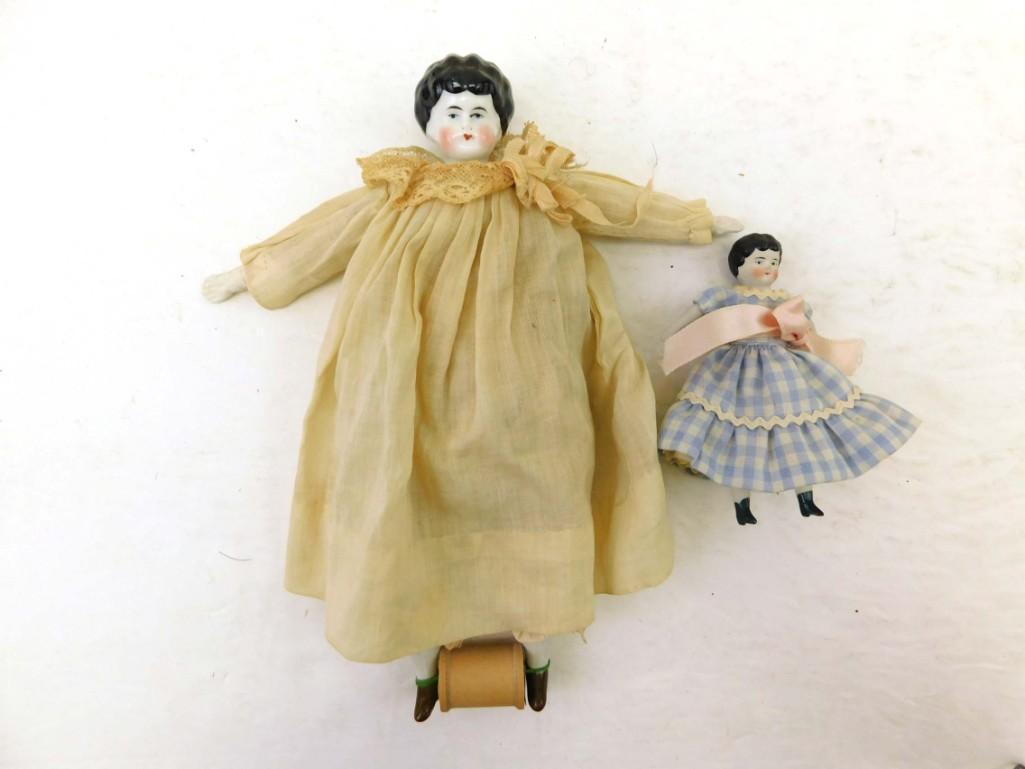 1800s Ethel China Head German Doll, ABC Body 9" Doll, 4" China head Doll: 1800s Ethel China Head German Doll, ABC Body 9" Doll, 4" China head Doll . 9", china head, legs, bisque hands, cloth body. Marked, "Patent app for Germany, Ethel". German Herwig. 4" China head, arms, 
