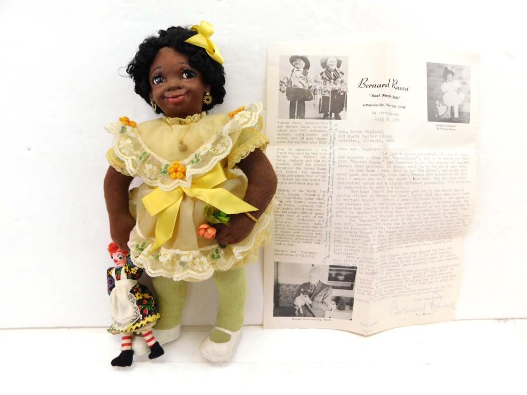 1974 Original Bernard Ravca Easter Sunday 12" AA Cloth Doll: 1974 Original Bernard Ravca Easter Sunday 12" AA Cloth Doll . 12", African American One of a Kind (OOAK) Cloth doll by Bernard Ravca w/mini Raggedy Ann & paperwork.