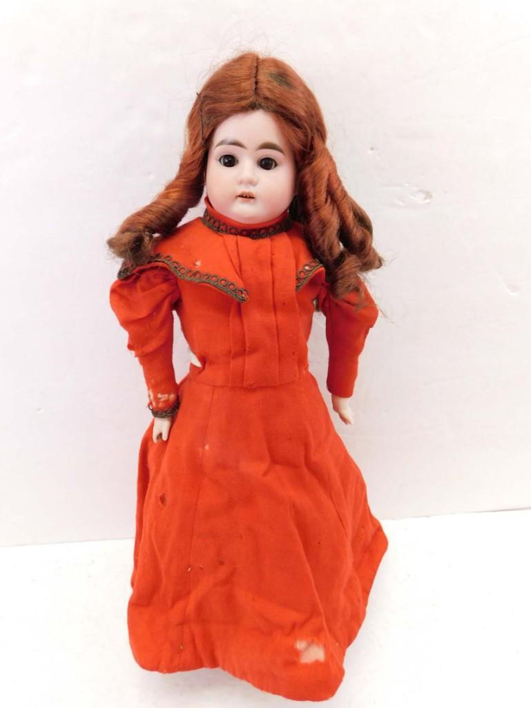 19" Columbia CM Bergman /Armand Marseille 1989 Bisque Character Doll: 19" Columbia CM Bergman /Armand Marseille 1989 Bisque Character Doll . 19", bisque head & shoulder plate, glass sleep eyes, open mouth, upper teeth, auburn wig. Kid leather body, orig red wool out