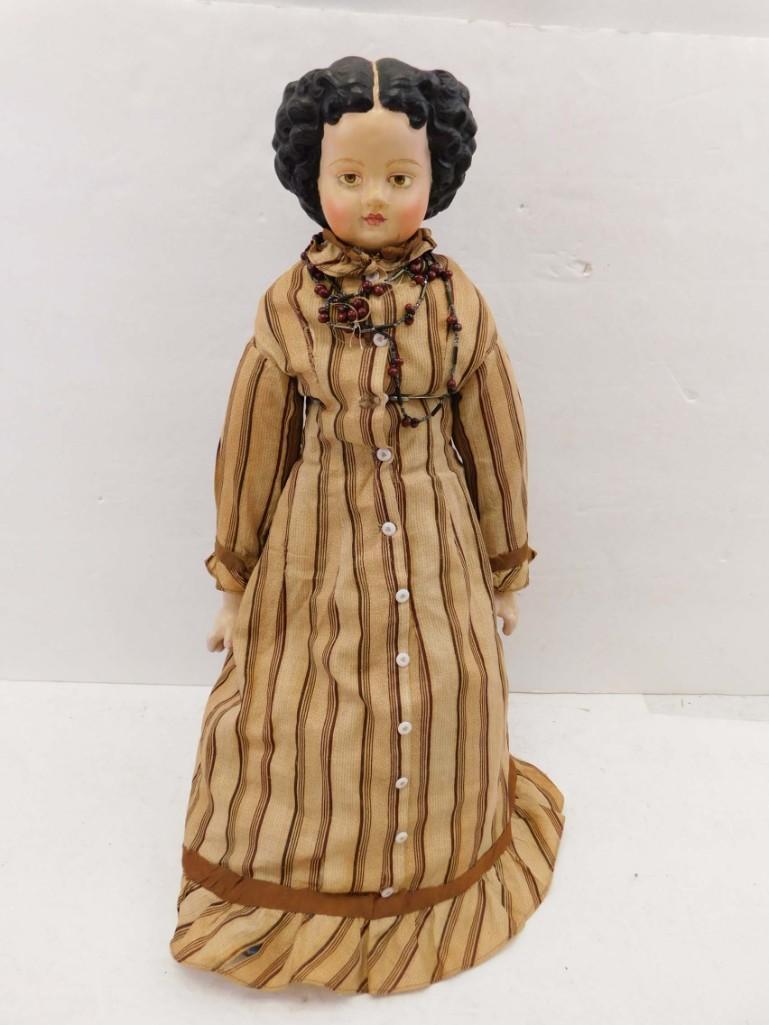 21" 1800s Paper Mache & Cloth Doll w/1800s Letter of Provenience: 21" 1800s Paper Mache & Cloth Doll w/1800s Letter of Provenience . 21", paper mache head, arms, legs. Cloth body. Vintage striped dress, which has some tears. 1800s handwritten Letter of Provenien