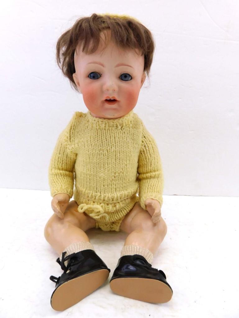 14" FY Nippon 603 Bisque Jointed Baby Doll, Japan: 14" FY New In Packagepon 603 Bisque Jointed Baby Doll, Japan . 14", bisque head, glass sleep eyes, open mouth, upper teeth. Some chips to head. Marked, "FY New In Packagepon 603". Compo, jointed body.