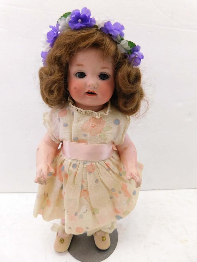 10" Armand Marseille A 985 M 6/0 Germany Bisque Doll: 10" Armand Marseille A 985 M 6/0 Germany Bisque Doll . 10", bisque head, sleep glass eyes, some missing paint to eyelids. Open mouth, upper teeth, mohair wig. Marked, "Germany, A 985 M, 6/0". Compo or