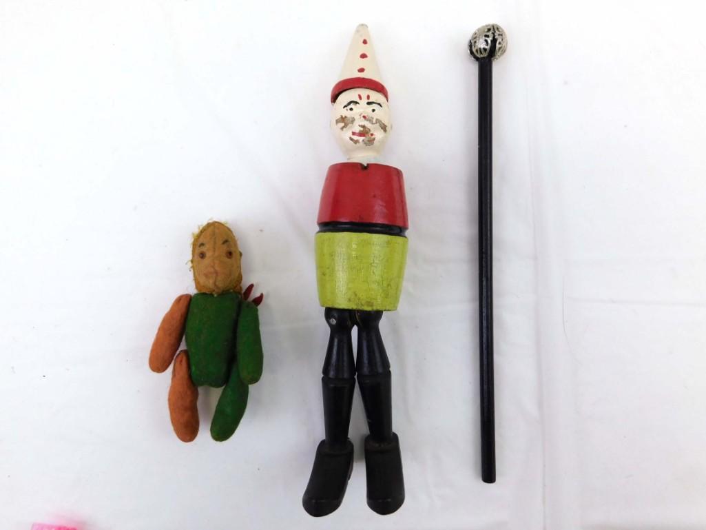 4" Very Old Felt, Jointed Monkey & Wood Jointed Clown Toy Lot: 4" Very Old Felt, Jointed Monkey & Wood Jointed Clown Toy Lot . Monkey has wear to felt, fur hair. Possibly Bing or German made. Clown has paint wear. Monkey circa 1800-early 1900s.