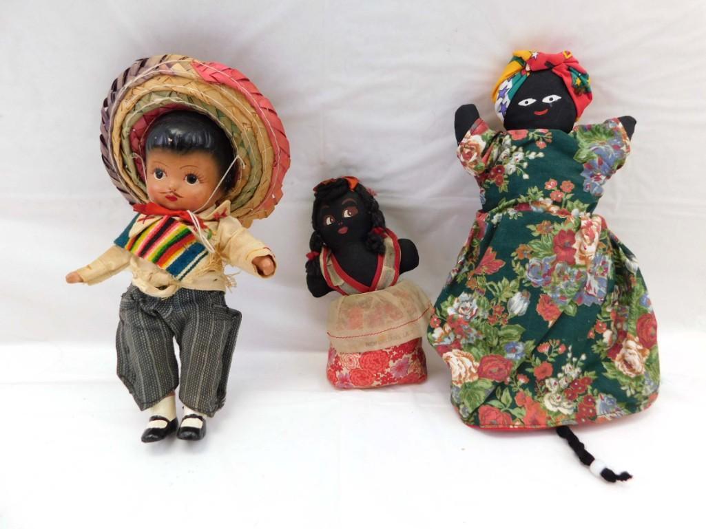Ethnic Doll lot: Compo Mexico Boy, Black Americana Rag dolls: Ethnic Doll lot: Compo Mexico Boy, Black Americana Rag dolls . Topsy Turvy Black Americana doll, Louisiana Souvenir Rag Doll, 1940s Compo Mexico 8" souvenir Doll (Japan), tight Joints