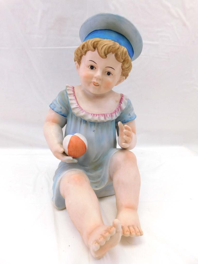 vtg. Piano Baby 12" Blue Sailor Boy Holding Ball Figure: Vintage Piano Baby 12" Blue Sailor Boy Holding Ball Figure . 12", ceramic/porcelain sitting boy, no markings