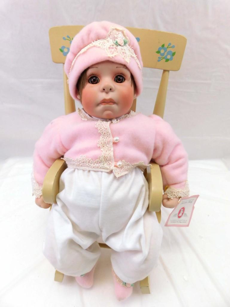 Lee Middleton My Beloved Limited Edition Porcelain doll w/Wood Rocking Chair: Lee Middleton My Beloved Limited Edition Porcelain doll w/Wood Rocking Chair . LE doll has paper wrist tag only. Sits on wood rocking chair