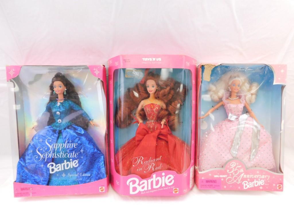 3 Barbie Dolls: 1992 Radiant in Red, 1997 Sapphire Sophisticate, 1997 35th Anniversary NIB: 3 Barbie Dolls: 1992 Radiant in Red, 1997 Sapphire Sophisticate, 1997 35th Anniversary New In Box . Items new in boxes. Boxes have age wear and damage
