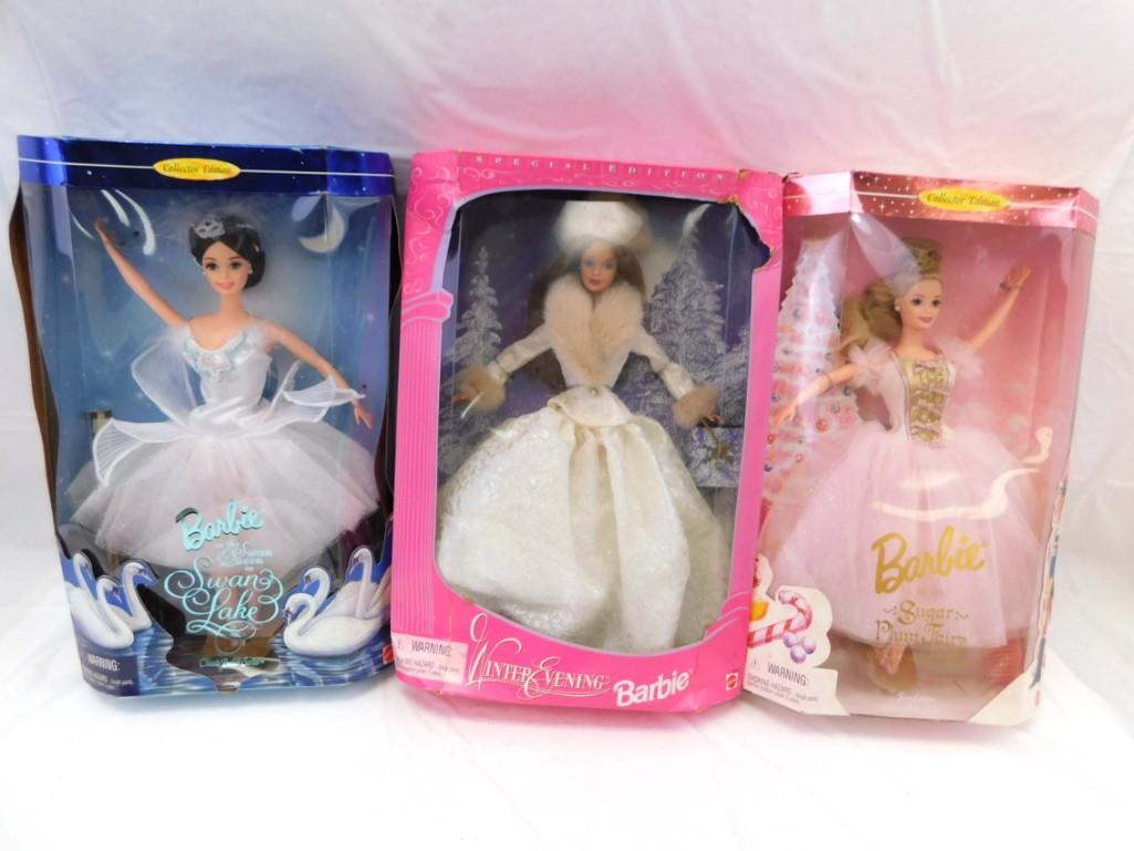 3 Barbie Dolls: 1998 Winter Evening, Sugar Plum Fairy, 1997 Swan Lake, NIB: 3 Barbie Dolls: 1998 Winter Evening, Sugar Plum Fairy, 1997 Swan Lake, New In Box . Items new in boxes. Boxes have age wear and damage