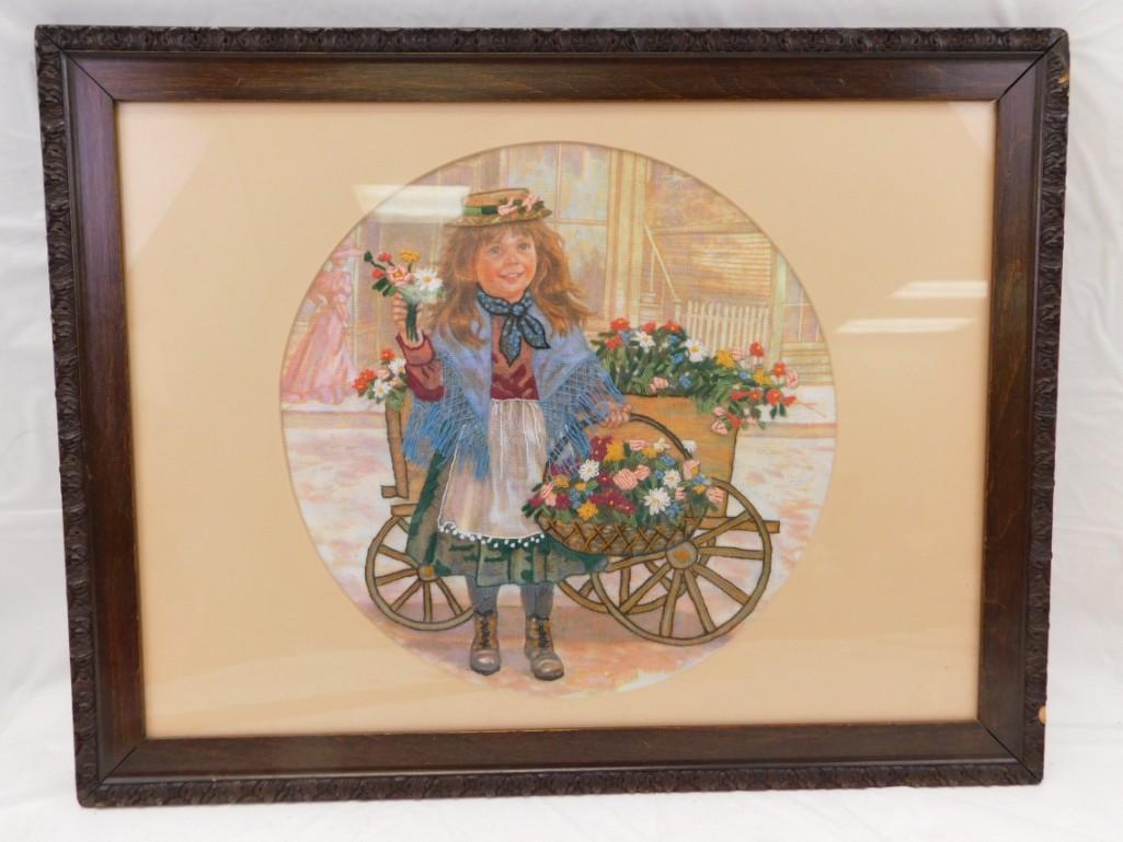 Girl with Basket of Flowers Crewel/Embroidered 17"x22 Framed: Girl with Basket of Flowers Crewel/Embroidered 17"x22 Framed . Clean, signed, framed embroidery/crewel work