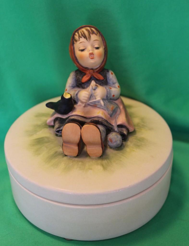 Goebel Hummel Happy Pastime Trinket Box TMK 5: Goebel Hummel Happy Pastime Trinket Box TMK 5 . Figure is 3" tall and total with the box is 5" tall . Stamped Western Germany on the bottom