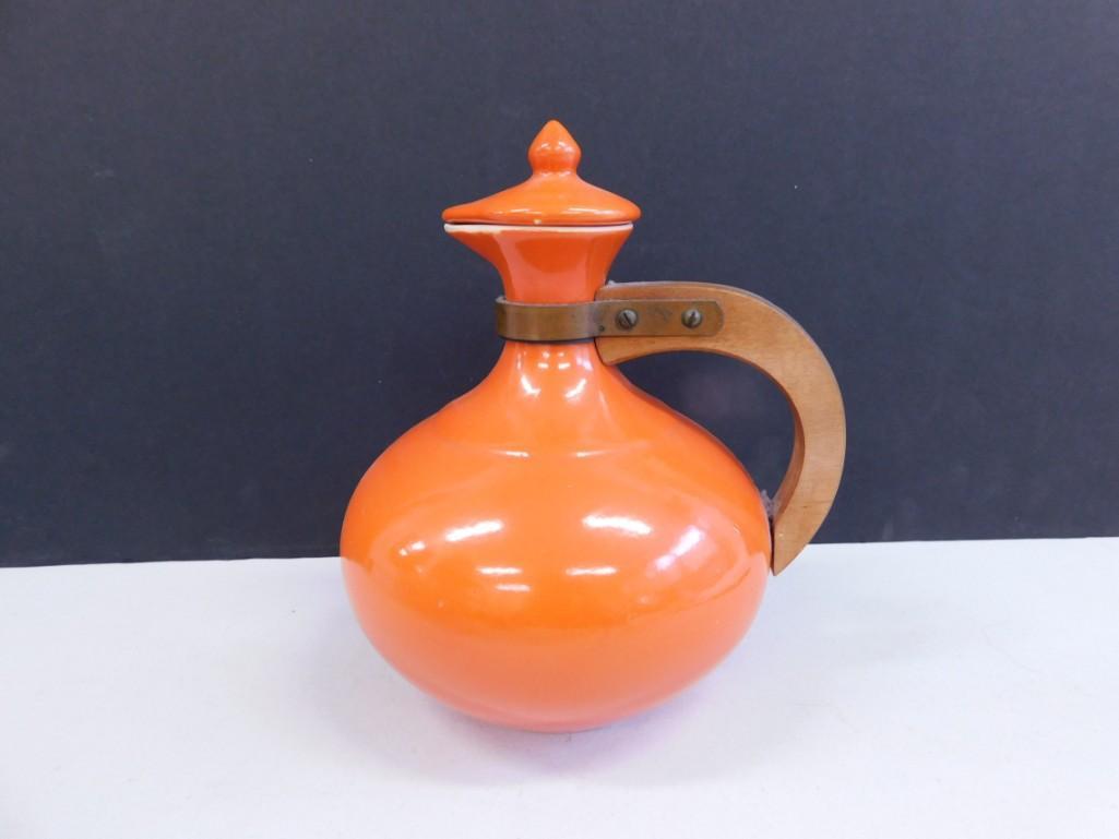 Bauer Pottery 565 Orange Pitcher or Carafe with Wood Handle (1 of 5)