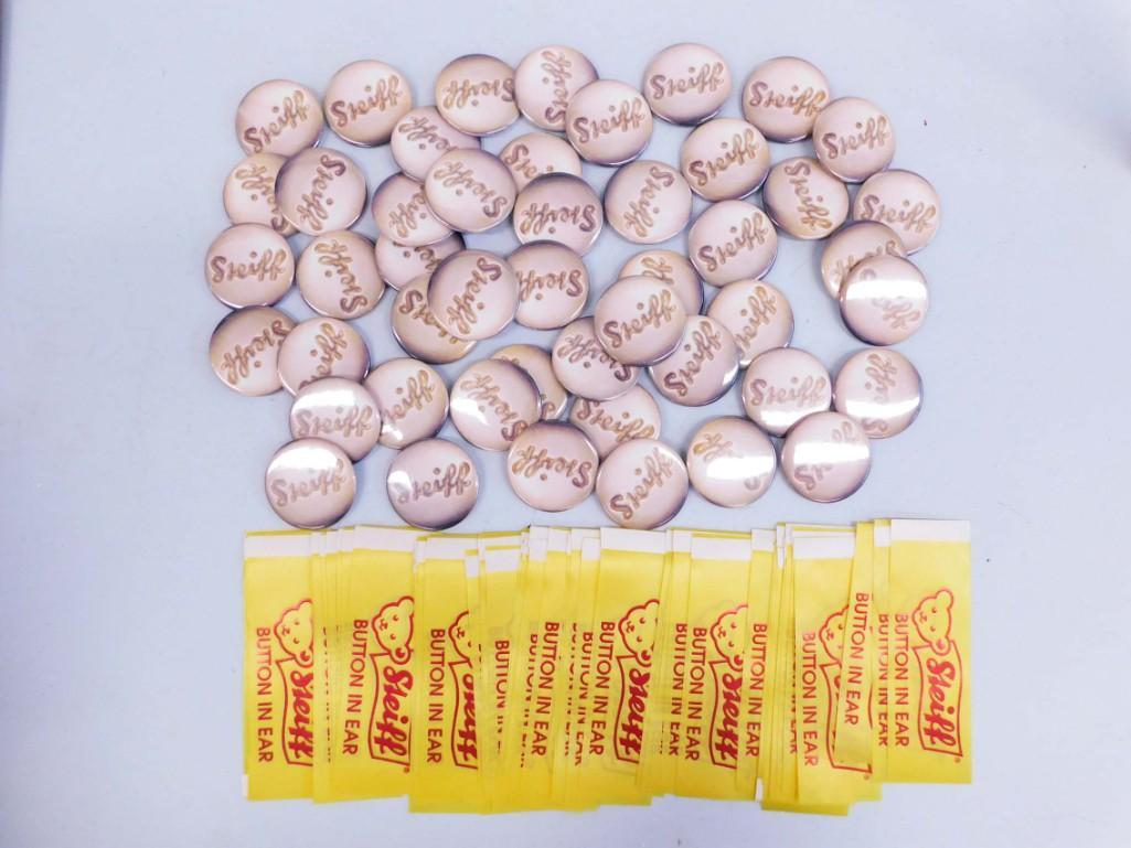 Lot of Steiff Buttons and 6" Tags: Lot of Steiff Buttons (pin back) and 6" Tags