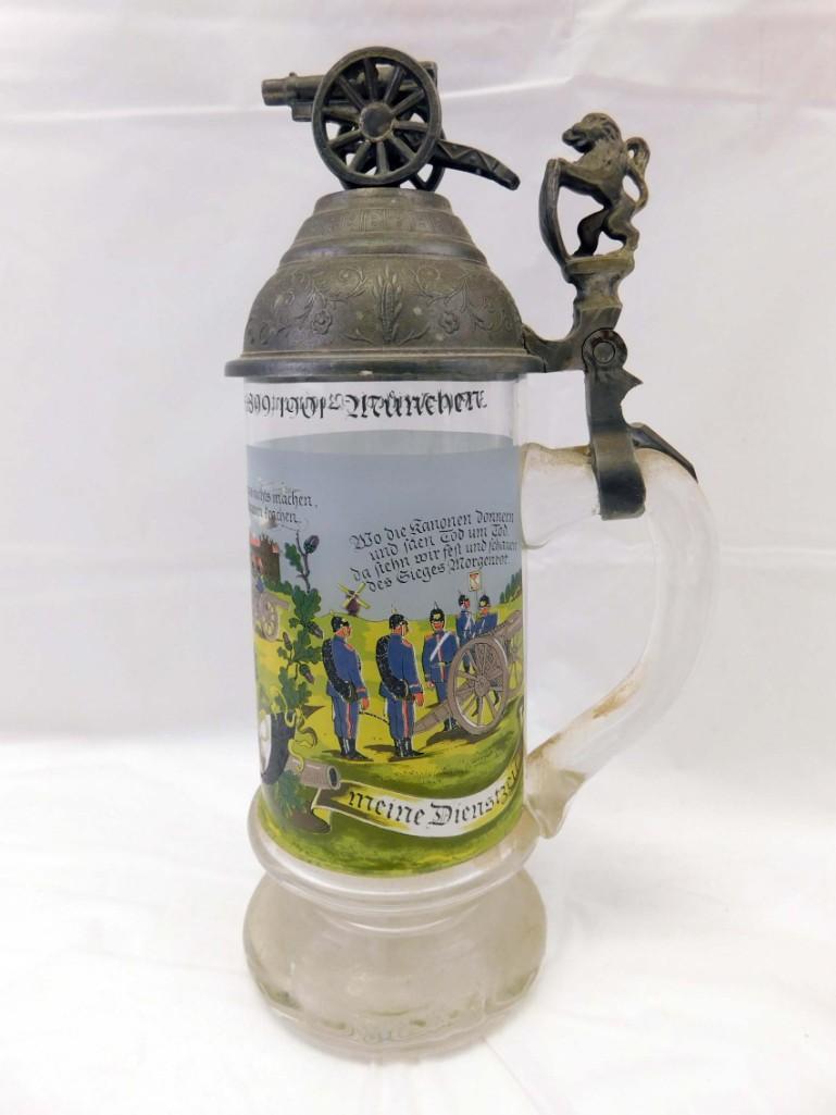 Vintage Glass Regimental Beer Stein with Pewter Lid with Lion Thumb Lift and Cannon on Top (1 of 3)
