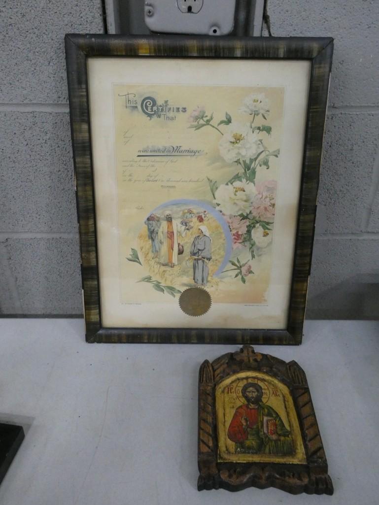 Vintage Framed Marriage Certificate and Religious art on wood (1 of 5)