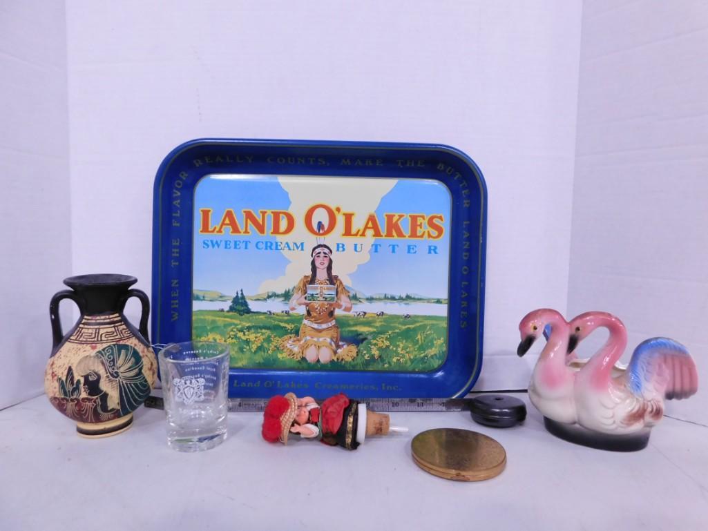 Collectibles Lot incl Land O Lakes Tray , Pottery Vase,  Compact , Ceramic Swans , etc (1 of 4)
