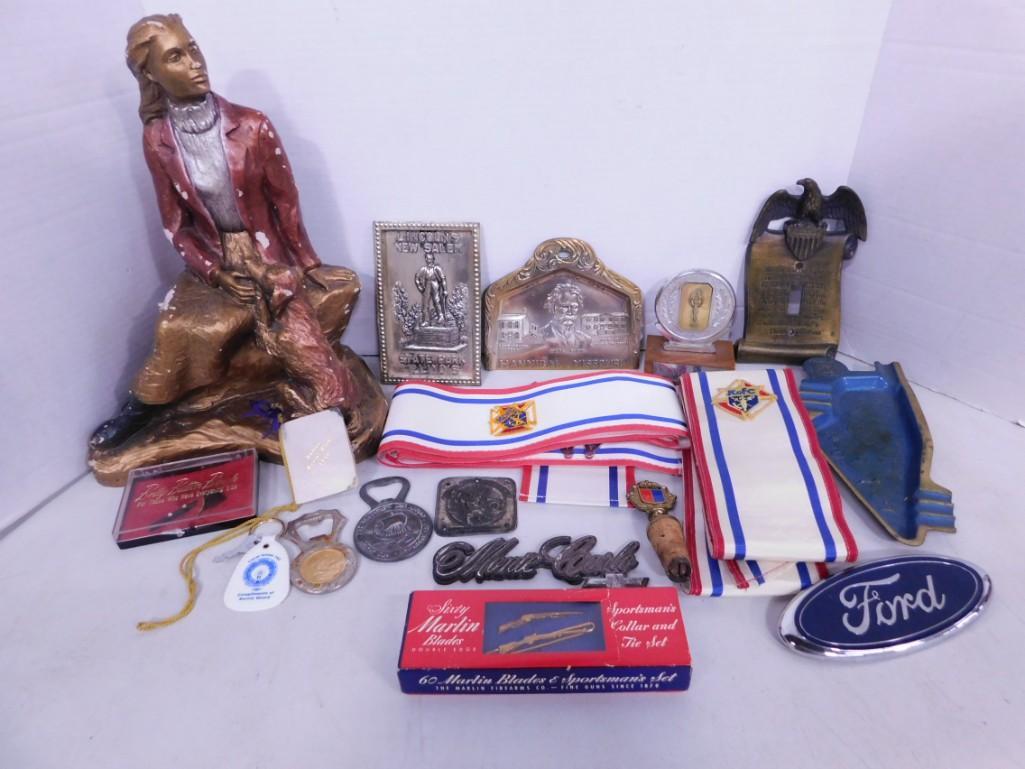 Lot of Smalls and Collectibles incl Ashtray , Bottle Openers , Monte Carlo Emblem ,: Lot of Smalls and Collectibles incl Ashtray , Bottle Openers , Monte Carlo Emblem , Sportsman's Collar and Tie Set , Knights of Columbus items, etc