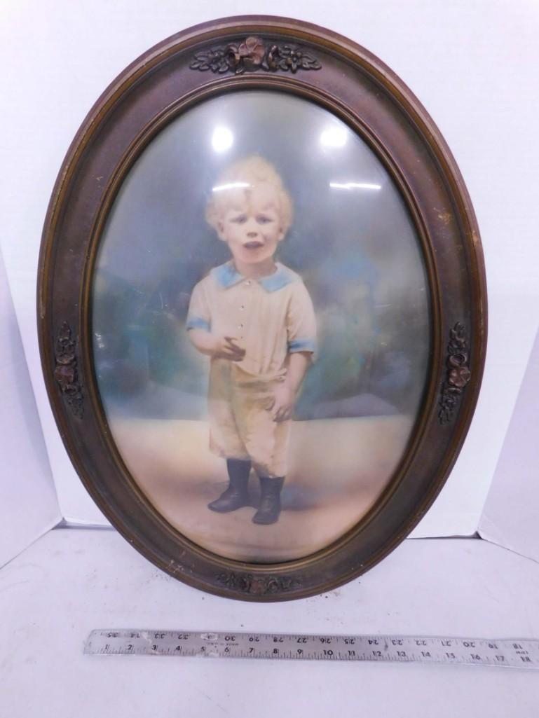 Antique Oval Picture Frame with Convex Glass and Picture of a Boy (1 of 5)