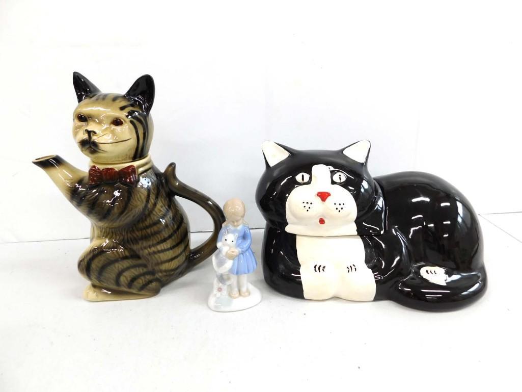 Cat Lot incl Staffordshire Cat Teapot , Cat Cookie Jar, Girl with Cat Figurine (1 of 9)