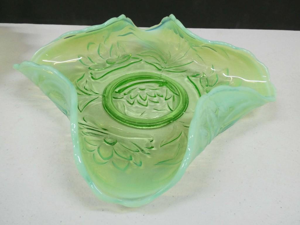 Antique Fenton Water Lily and Cattails 1908-1913 Opalescent Green Dish: Antique Fenton Glass Water Lily and Cattails 1908-1913 Opalescent Green Dish