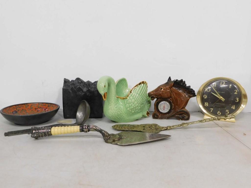 Vintage Lot incl Clock, Serving Utensils , Ceramic Swan, etc: Vintage Lot incl Clock, Horse Thermometer, Serving Utensils , Ceramic Swan, etc Condition: clock is untested and thermometer is unchecked for accuracy