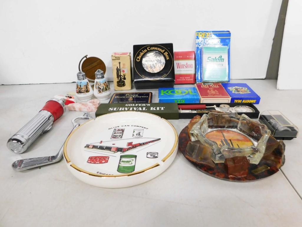Collectibles Lot incl Joe Camel Playing Cards, Golf Club Bottle Opener, Ashtrays, salt and pepper sh (1 of 7)