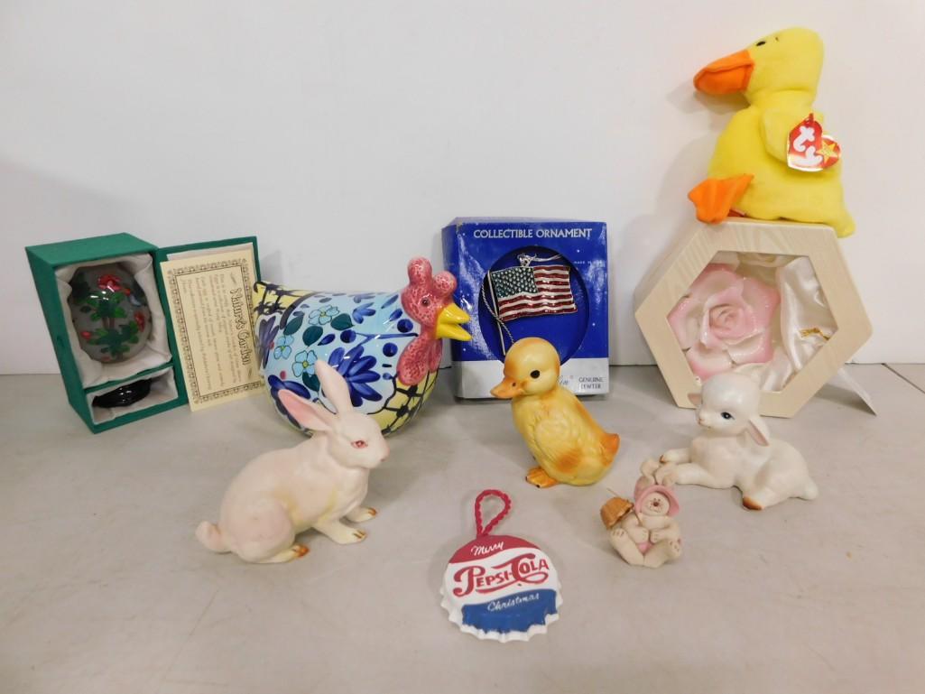 Collectibles Lot incl Lefton Lamb , Pepsi Ornament , Ty Beanie Baby Duck, Duckling and Bunny Figurin: Collectibles Lot incl Lefton Lamb , Pepsi Ornament , Ty Beanie Baby Duck, Duckling and Bunny Figurines, Hand painted egg decoration , Flag ornament, etc