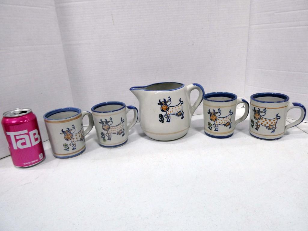 Louisville Stoneware Polka Dot Cow Pitcher and 4 Mugs (1 of 5)