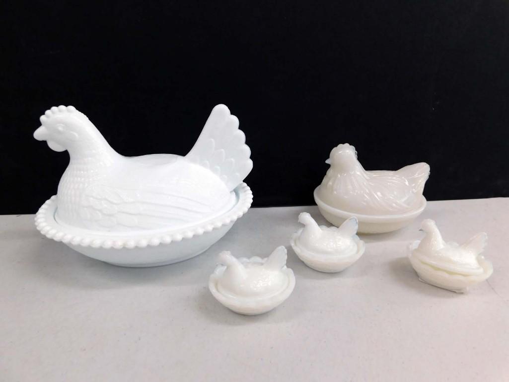 5 Vtg Milk Glass Hens on Nests incl Hazel Atlas, 1950s Indiana Glass, Mini Translucent Hens on Nests (1 of 6)