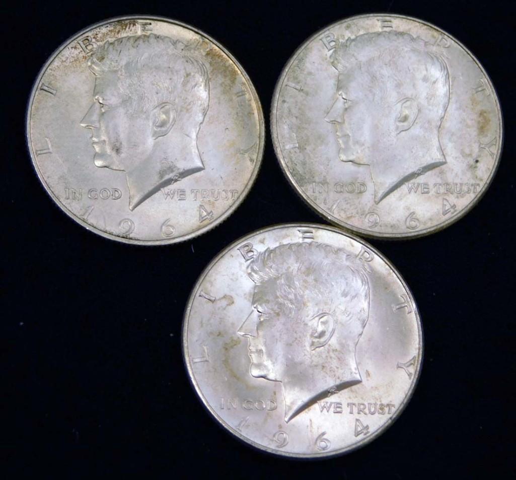 3 Nice 1964 Kennedy Half Dollars 90% Silver (1 of 2)