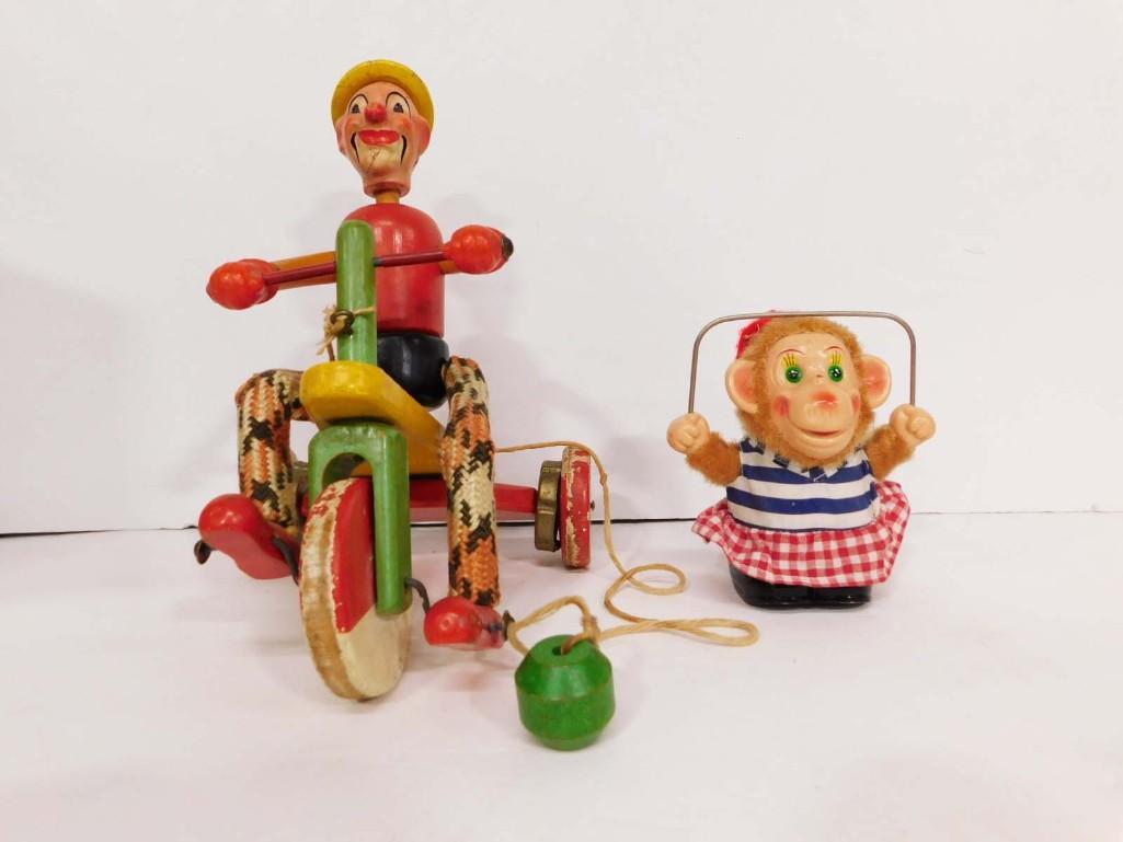 2 Vintage Toys incl Clown on a Tricycle Pull Toy and Monkey that Jumps Rope (1 of 5)