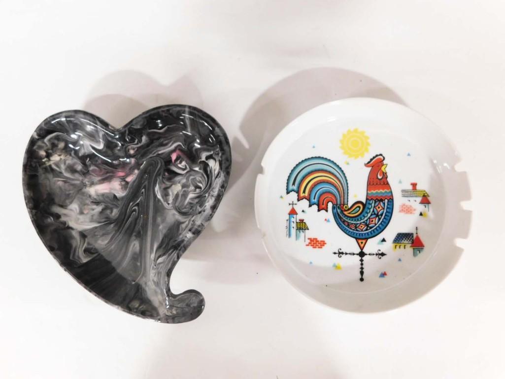 Rooster Ashtray and Heart Dish or Ashtray: Rooster Ashtray and Heart Dish or Ashtray