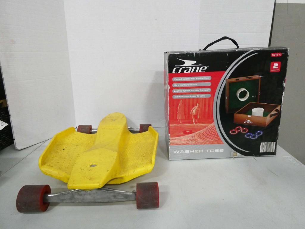 Vintage Thomas Techni Ski Skateboard and a Washer Toss Game: Vintage Thomas Techni Ski Skateboard and a Washer Toss Game