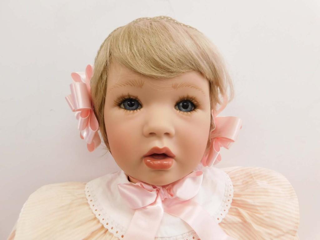 1997 Chloe Love Great American Doll Co Artist Proof Prototype 28" Vinyl & Cloth Baby Doll: 1997 Chloe Love Great American Doll Co Artist Proof Prototype 28" Vinyl & Cloth Baby Doll, Signed . Bruno Rossellini, Designer. Original outfit, as shown. Doll is clean but dress is faded/disc