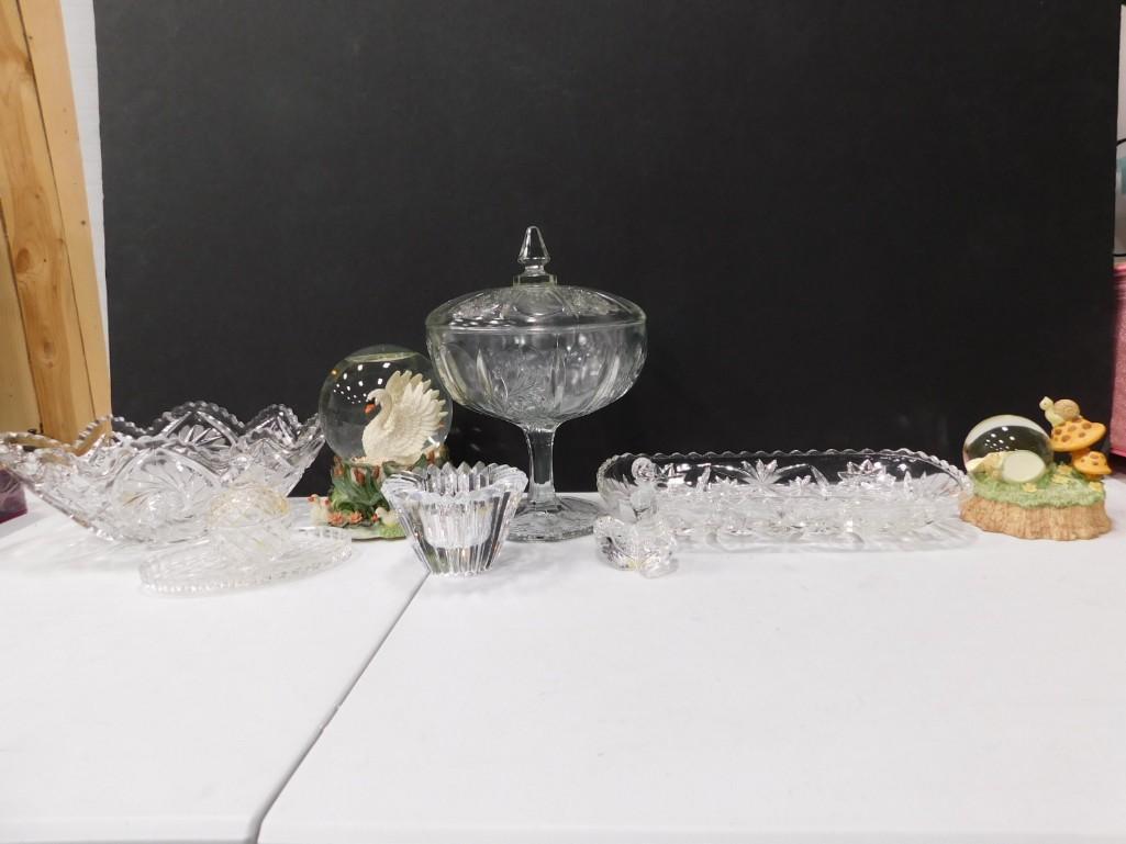Lot of Glassware, Snow Globes, Etc: Lot of Glassware, Snow Globes, Etc Condition: on the snail and rabbit snow globe, the rabbits inside are detached