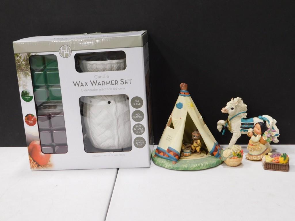 Home Decor Lot incl NIB Wax Warmer Set and Figurines: Home Decor Lot incl New in Box Wax Warmer Set and Figurines
