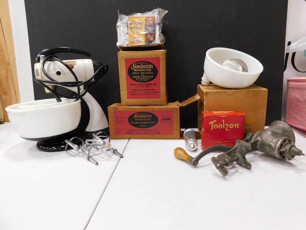 Vintage Kitchen Lot incl Sunbeam Mixmaster with Milk Glass Bowl, (1 of 6)