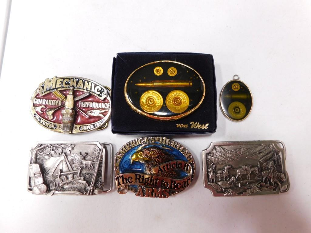 Lot of Belt Buckles: Lot of Belt Buckles - includes one with a spark plug, von West, Right to bear arms, etc.