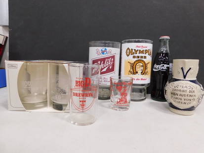 Schlitz and Olympia Glasses, Stein, Coca Cola Bottle, etc: Schlitz and Olympia Glasses, Stein, Coca Cola Bottle, Libbey Showboat 40th Anniversary Limited Edition Tumblers, etc