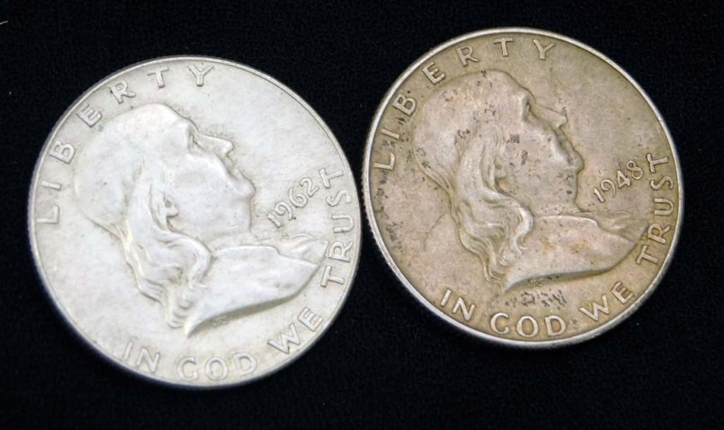 2 Franklin Half Dollars 90% Silver (1 of 2)