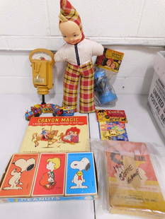 Lot of Vintage incl 1949 Cootie Game, Vintage Doll, Peanuts Jigsaw Puzzles, Crayon Magic, etc: Lot of Vintage incl 1949 Cootie Game, Vintage Doll, Peanuts Jigsaw Puzzles, Crayon Magic, coin banks, etc. Condition: None of the items are checked for completeness.