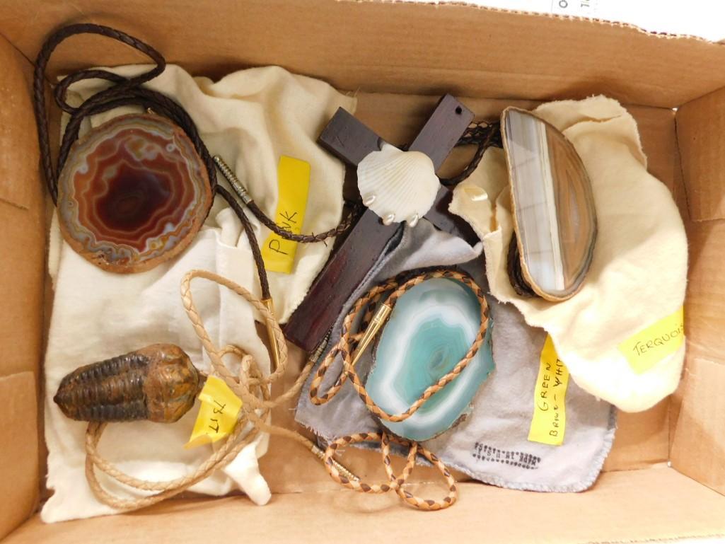 Lot of Bolo Ties including Trilobite fossil, Agate, Flat rocks, etc. (1 of 3)