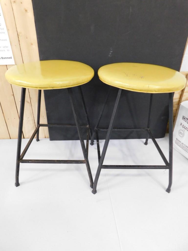 2 Mid Century Stools with Iron Bases and Yellow Vinyl Tops (1 of 3)