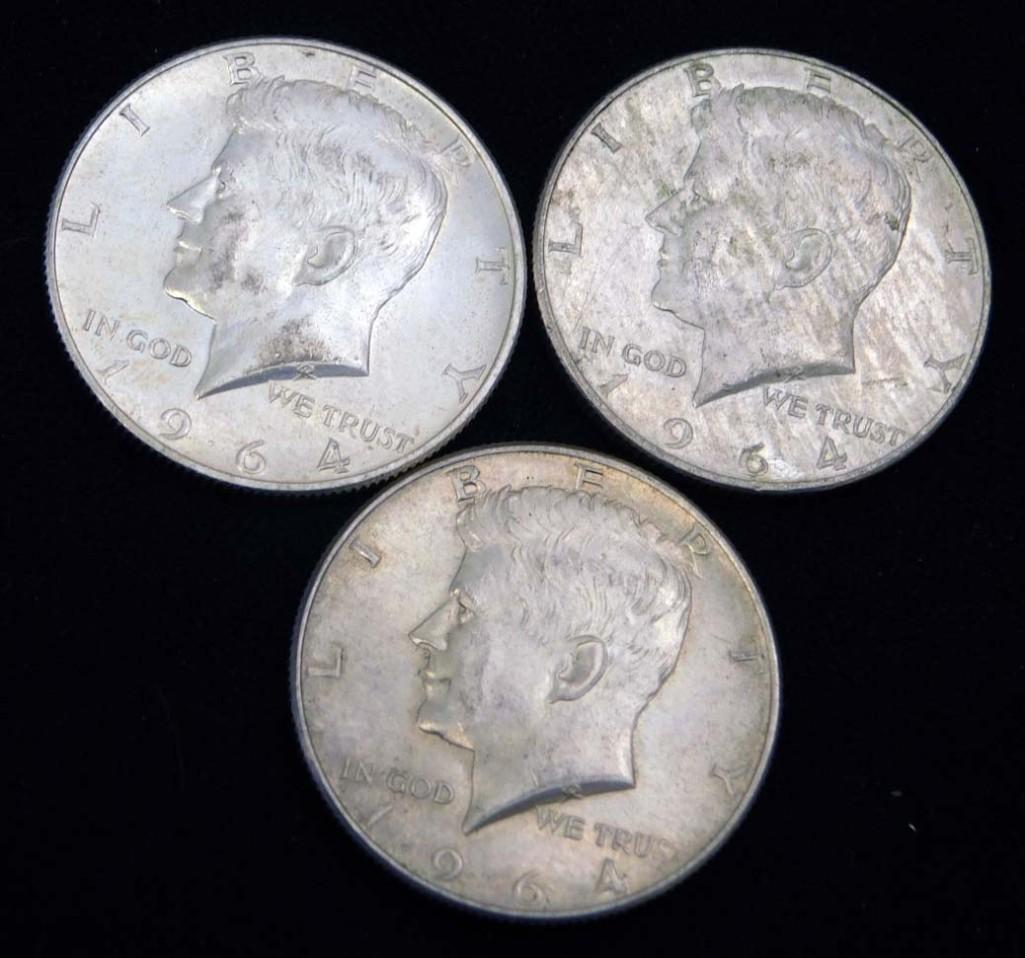 3 Nice 1964 Kennedy Half Dollars 90% Silver (1 of 2)