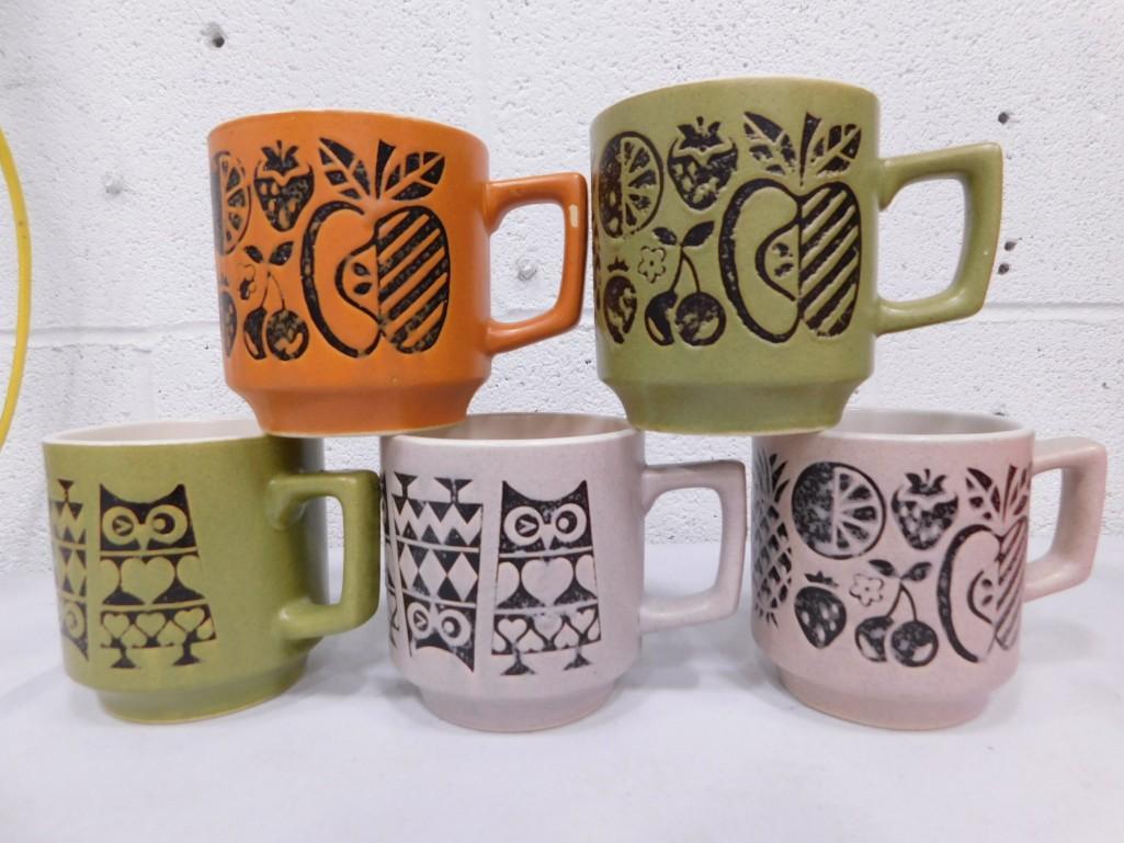 5 Vintage Coffee Cups with Owls, Fruit, etc: 5 Vintage Coffee Cups with Owls, Fruit, etc