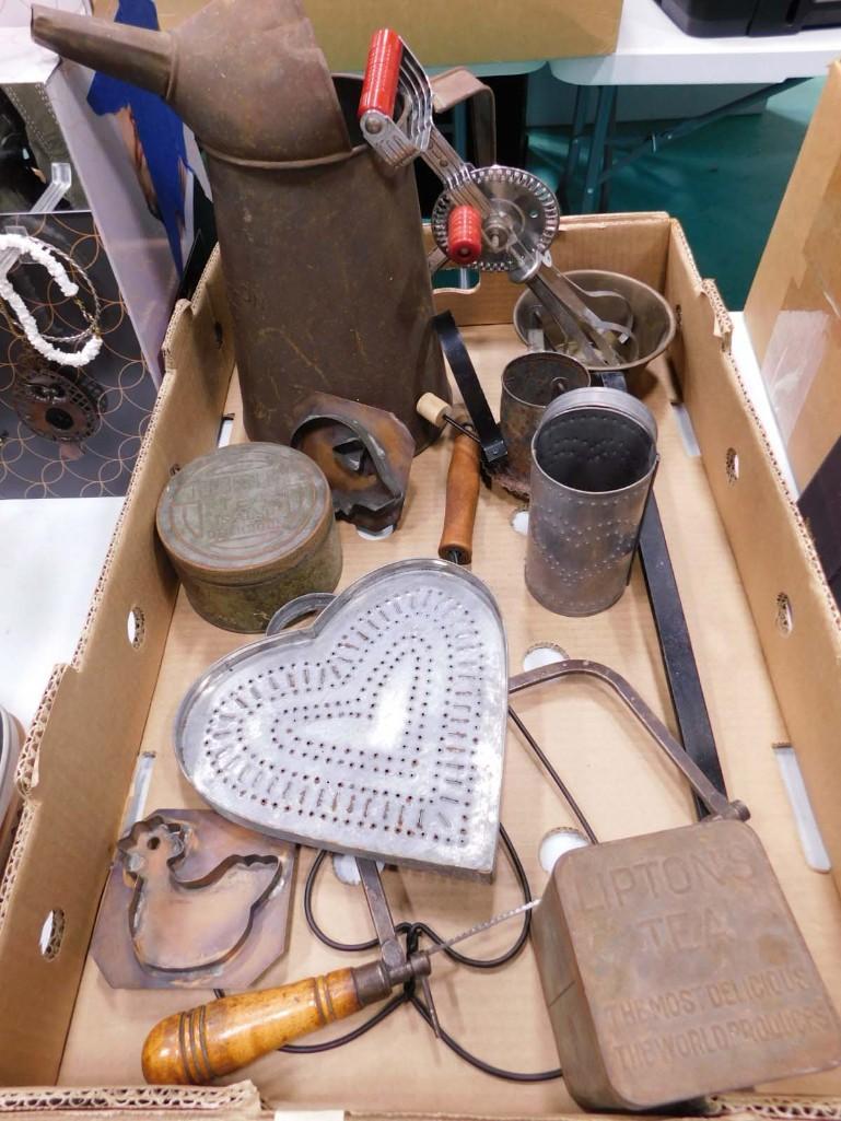 Vintage Lot incl Dipper, Saw, Cookie Cutters, Oil Pitcher, Tins, etc (1 of 5)