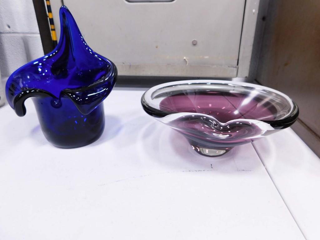 2 Art Glass Items incl Amethyst and Clear Candy Dish and Cobalt Blue Votive Holder (1 of 6)